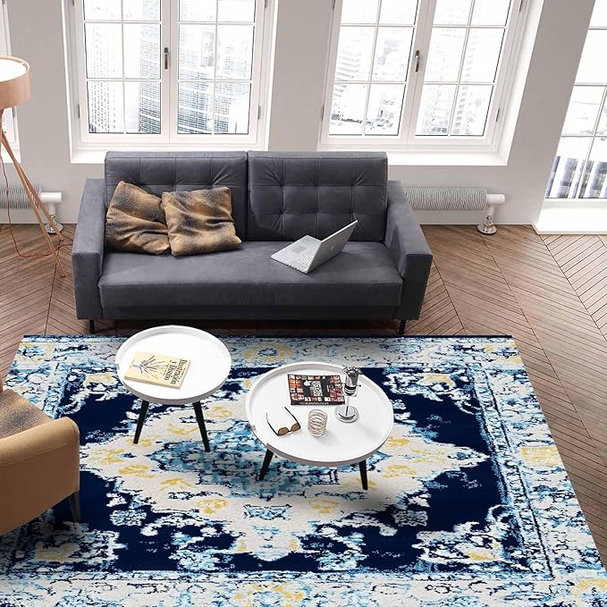 Bohemian Pattern Rectangular Area Rugs for Living Room Bedroom 5 x 8 ft Blue & Yellow Abstract Non-Shedding Soft Low Pile Rug Non Slip Washable Rug for Nursery Entryway Playroom