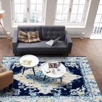 Bohemian Pattern Rectangular Area Rugs for Living Room Bedroom 5 x 8 ft Blue & Yellow Abstract Non-Shedding Soft Low Pile Rug Non Slip Washable Rug for Nursery Entryway Playroom