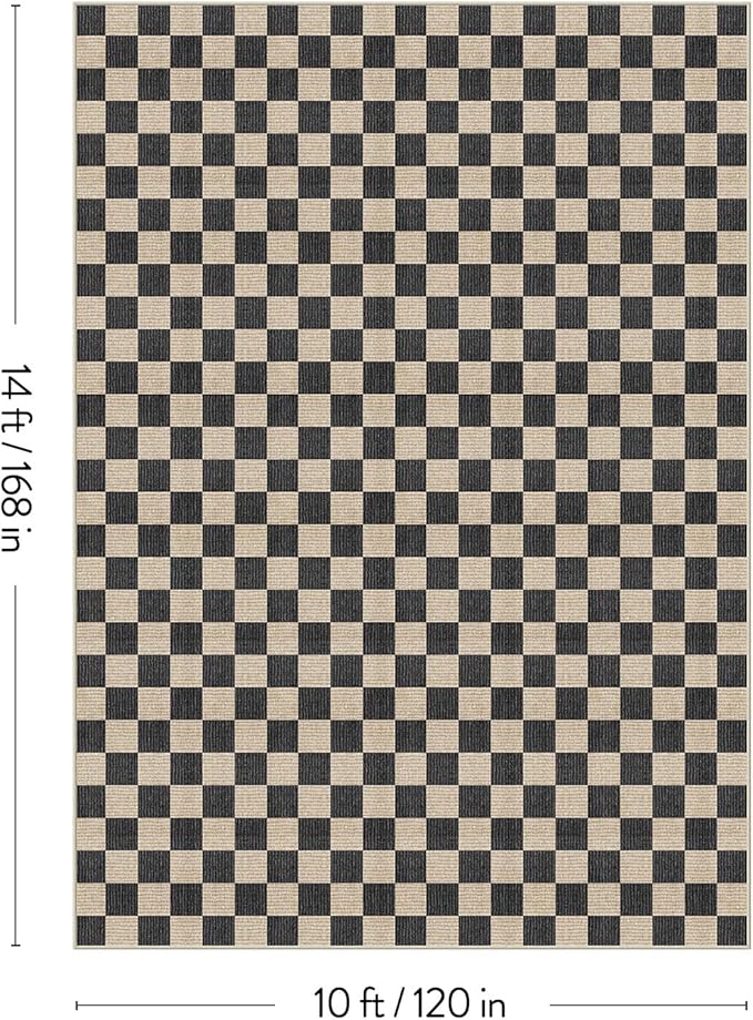 LIVEBOX 10x14 Area Rugs for Living Room, Checkered Non-Slip Washable Rugs, Farmhouse Neutral Classic Geometric Pattern Large Boys Area Rug for Bedroom, Carpet for Dining Room Office (Black,10'x14')