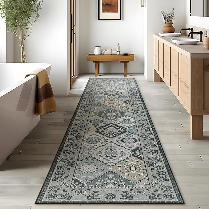 Phantoscope Washable Runner Rug 2'x10' Non-Slip, Vintage Boho Hallway Rugs for Entryway, Stair, Bedroom, Distressed Moroccan Mosaic Diamond Pattern, Low-Pile Foldable Floor Carpet, Grey Charcoal