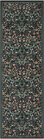 Lahome Floral Washable Runner Rug, 2.6x8 Black Runners for Hallways Non Slip, Soft Low Pile Stain Resistant Kitchen Runner with Rubber Backing, Boho Thin Long Carpet for Entrance Laundry
