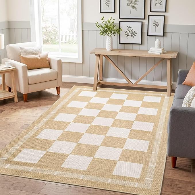 Vasofe 3x5 Plaid Rug, Jute Rugs, Washable Outdoor Indoor Checkered Carpets, Entryway Bedroom Potio Porch Kitchen Carpet, Non Slip Farmhouse Neutral Office Laundry Floor Mat, Khaki and White