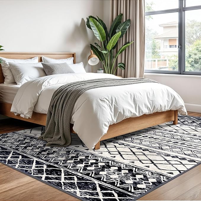 KUTA 6x9 Boho Area Rug for Living Room, Moroccan Washable Kitchen Rugs Non Slip, Black Navy Blue Ultra Soft Print Geometric Low-Pile Throw Carpet for Bedroom Nursery Dorm Decor