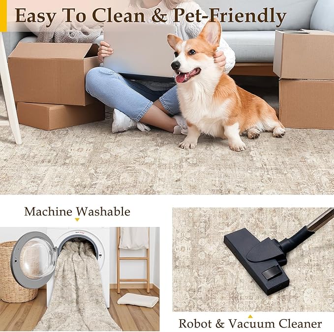 6x9 Beige Washable Area Rug for Living Room Bedroom Neutral Soft Non Slip Rug Low Pile Vintage Distressed Carpet for Dining Room Nursery Office Indoor
