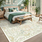 Floral Sage Green Washable Area Rugs 9x12 for Living Room, Vintage Large Thin Botanical Rug for Bedroom, Dining Room Under Table - Cottagecore Soft Boho Accent Carpet with Low Pile & Non-Slip