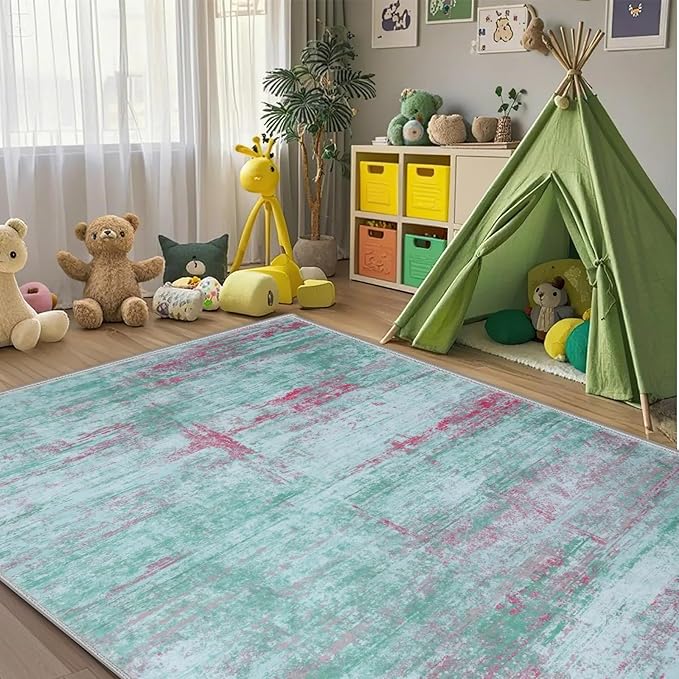 5x7 Abstract Area Rugs for Living Room, Modern Washable Indoor Rug for Bedroom, Thin Soft Large Non-Slip Carpet for Dining Room Home Office Farmhouse Decor - Abstract Green Red