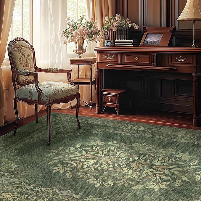 jinchan Green Floral 5x7 Area Rugs for Living Room - Machine Washable Distressed Vintage Design Soft Low-Pile Non-Slip Carpet for Dining Room Bedroom Home Office Nursery (5x7ft,Dark Green)
