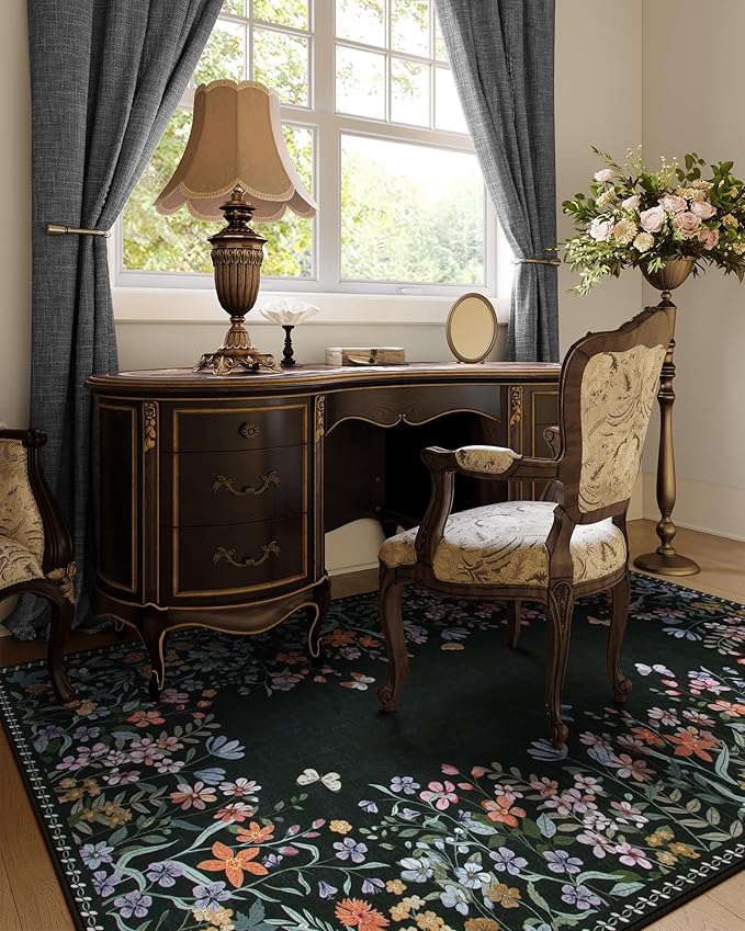 Wonnitar Washable 5x7 Rug, Black Botanical Area Rugs for Living Room, Non-Slip Soft Rug for Bedroom, Vintage Low Pile Dining Room Floral Rug Carpet for Bedside Mud Room (Black,5'x7')