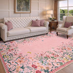 Wonnitar Washable Rug 6x9, Pink Botanical Area Rug for Girls Bedroom, Non-Slip Soft Nursery Kids Room Floral Rug Thin Throw Carpet for Dorm Living Room Decor (Pink,6'x9')