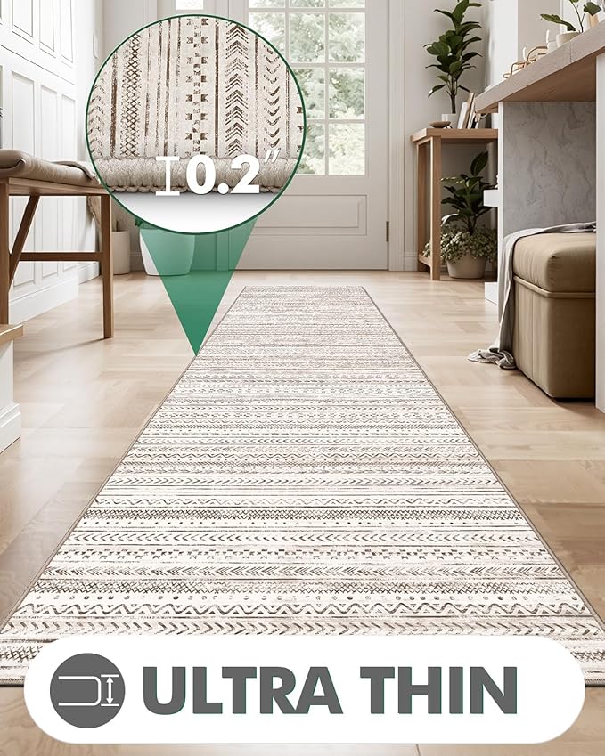 LUMI Washable Runner Rug, 3'x8' Non-Slip Hallway Mat, Low Profile Thin Long Carpeet for Laundry Kitchen Bedroom Office, White and Brown