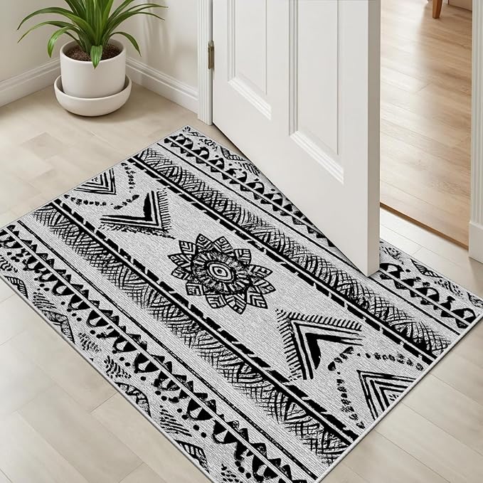 Area Rugs Moroccan for Living Room 5x8, Washable Non-Slip Boho Rug, Neutral Farmhouse Soft Carpet for Bedroom, Kitchen, Dining Room, Entryway, Geometric Print Tribal Carpets, Black and White