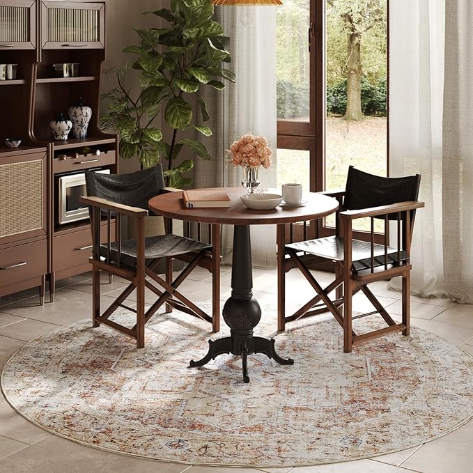jinchan Round Rug 6ft Washable Area Rug Indoor Vintage Bedroom Floor Cover Distressed Circle Mat 6' Round Lightweight Non Slip Low Pile Thin Farmhouse Carpet for Living Room Dining Room Brick Red