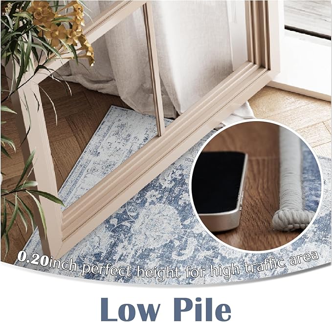 jinchan Fiora Runner Rug 2x5 Washable Hallway Runner- Vintage Floral Non Slip Low-Pile Soft Thin Kitchen Rug Distressed Carpet for Farmhouse Bedroom Entryway Laundry Room(2x5ft, Dark Blue)