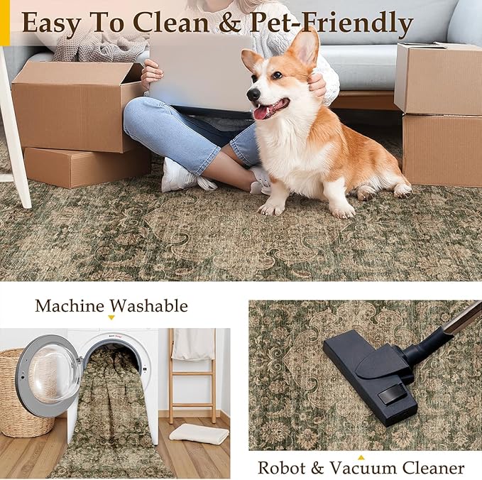 2x6 Washable Vintage Runner Rug Green Brown Hallway Kitchen Carpet Non-Slip Soft Low Pile Distressed Throw Rug for Bedroom Bathroom Laundry Living Room