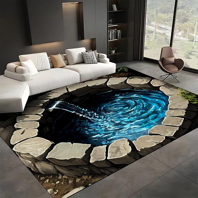 3D Well Waterfall Bedroom Carpet, 4x5ft, Visual Illusion Deep Hole Entrance Rug, Huge Stone Cracks Non-Slip Rugs, Cozy Breathable with Non Slip Backing Mat for Indoor Bedside