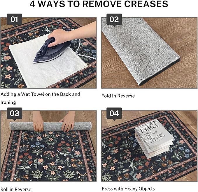 Boho Entryway Rug 2x3 Washable, Black Navy Floral Kitchen Rug, Super Thin Faux Wool Small Area Rug, Non-Slip Soft Carpet for Foyer, Bedroom, Office