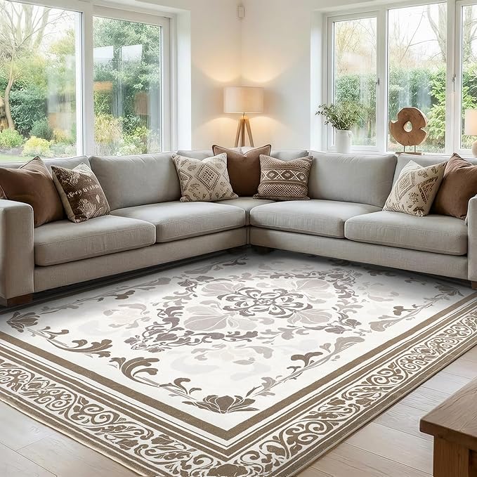 SOULFUL Medium Pile 3x5 Area Rug - Soft Foot Feel Small Entryway Rug - Brown Boho Floral - Washable Non-Slip - Perfect for Living Room Bedroom Foot Kids Room Reading Nook