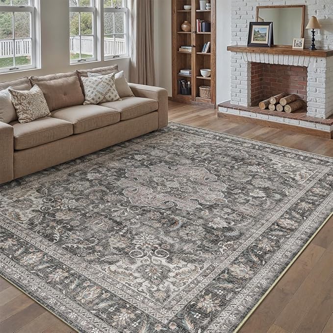 8x10 Washable Vintage Area Rug Black Grey Living Room Bedroom Carpet Non-Slip Soft Low Pile Distressed Indoor Large Throw Rug for Dining Room Office