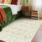 Boho Sage Green Bedside 3x5 Washable Rug for Bedroom, Thin Botanical Vintage Area Rug for Large Entry, Dorm, Kitchen, Foyer, Mudroom, Laundry - Cottage Core Low Pile Non Slip Indoor Front Door Carpet