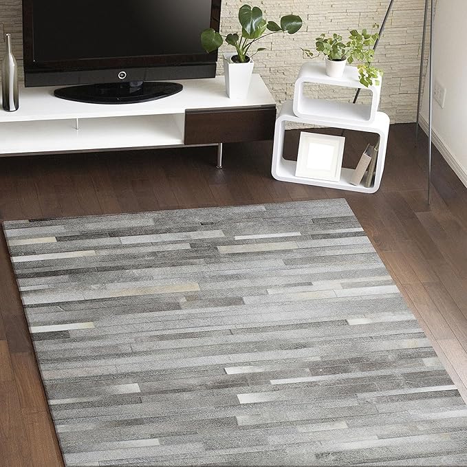 Cowhide Leather Rug for Living Room 9x12 Natural Leather Rug Silver Modern Stripes Style Floor Carpet for Home Decor | Superior Indoor Area Rug