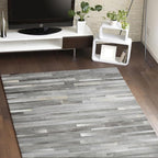 Cowhide Leather Rug for Living Room 6x9 Natural Leather Rug Modern Stripes Style Floor Carpet for Home Decor | Superior Indoor Area Rug Silver