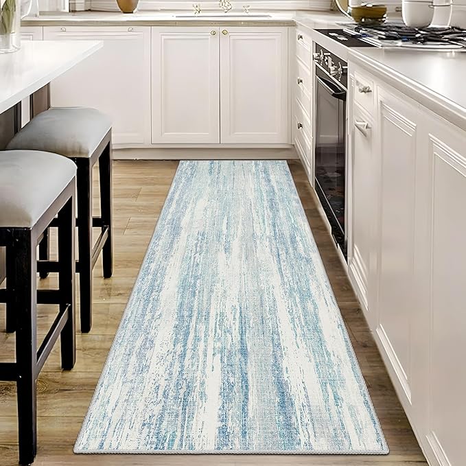 MUJOO Washable Runner Rug 2x6,Modern Abstract Area Rugs for Hallways Kitchen Bedroom Entryway Bathroom Laundry,Non Slip Carpet Long Mat Indoor,Low Pile Throw Rug Accent Neutral Blue