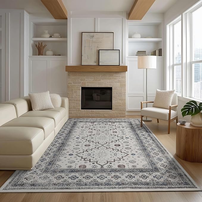 Washable Area Rugs 8x10, Large Rugs for Living Room, Carpet for Bedroom, Soft Faux Wool Retro Dining Room Rug, Non-Slip Backing Resistant Low Pile Vintage Print Rug for Home Office (White Cream/Gray)