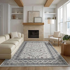 Washable Area Rugs 8x10, Large Rugs for Living Room, Carpet for Bedroom, Soft Faux Wool Retro Dining Room Rug, Non-Slip Backing Resistant Low Pile Vintage Print Rug for Home Office (White Cream/Gray)