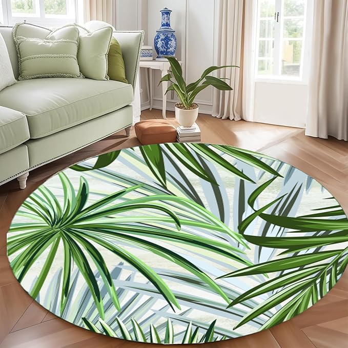 Round Rug 7ft - Pink Tropical Floral with Watercolor Leaves, Non-Slip Low Pile Circle Rug, Bohemian Jungle Turtleback Design for Dining Room Table, Living Room, Bedroom