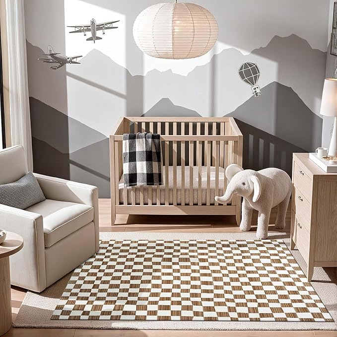 jinchan 4x6 Brown Checkered Area Rugs for Kids Room - Machine Washable Rug Modern Neutral Geometric Lattice Soft Non-Slip Carpet for Nursery Playroom Bedroom Entryway Living Room Home Office