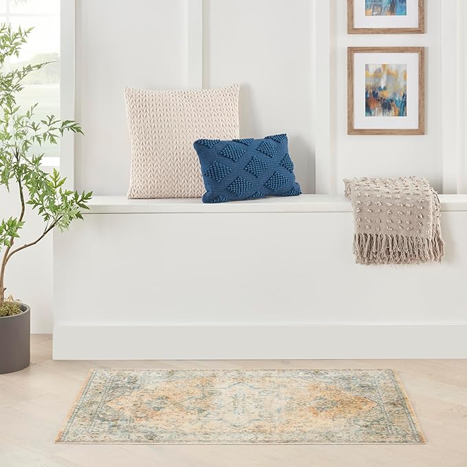 Nourison Home Astra Machine Washable Beige Blue 3'3" x 5' Area Rug - Easy Clean, Non Shedding, Bed Room, Living Room, Dining Room, Kitchen (3' x 5')