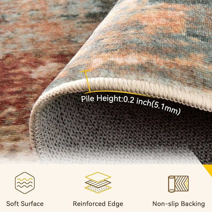 Washable Area Rugs 9'x12' Non-Slip Modern Abstract Soft for Living Room Entryway Bedroom Nursery, Print Pattern, Brown Rust Red Multi