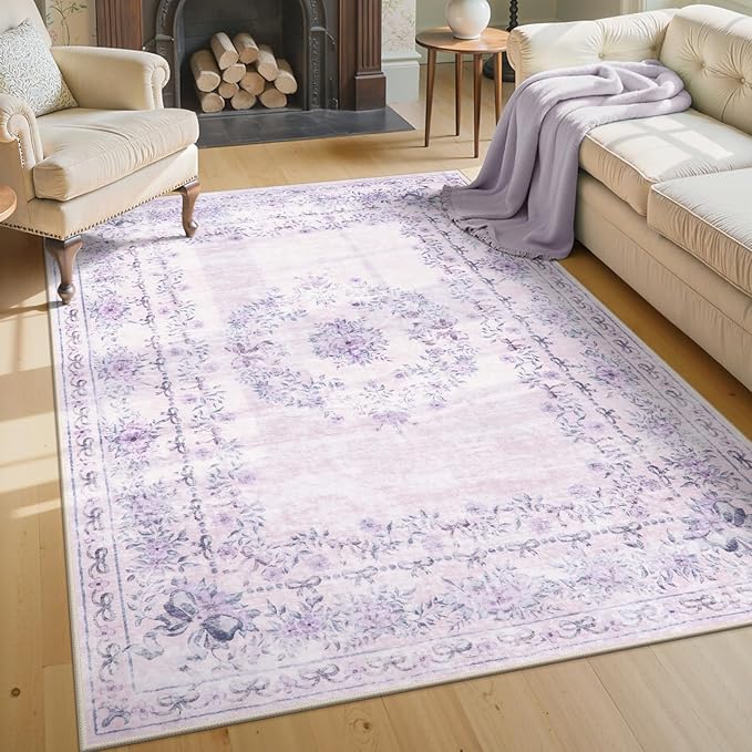 Wonnitar Floral Bow Print Purple Rug, 5x7 Washable Rug for Girls Room Decor, Ultra-Thin Non Slip Soft Boho Carpet for Bedroom Nursery Toddler Kids Room Living Room Women Office