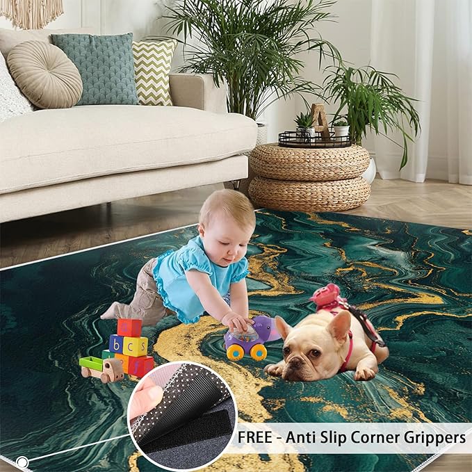 5x8 Abstract Marble Kids Rug - Emerald-Green-Marble Dining Room Rug, Luxury Stone Pattern Area Rugs Indoor Modern Rugs for Bedroom Hardwood Floors Teen Room