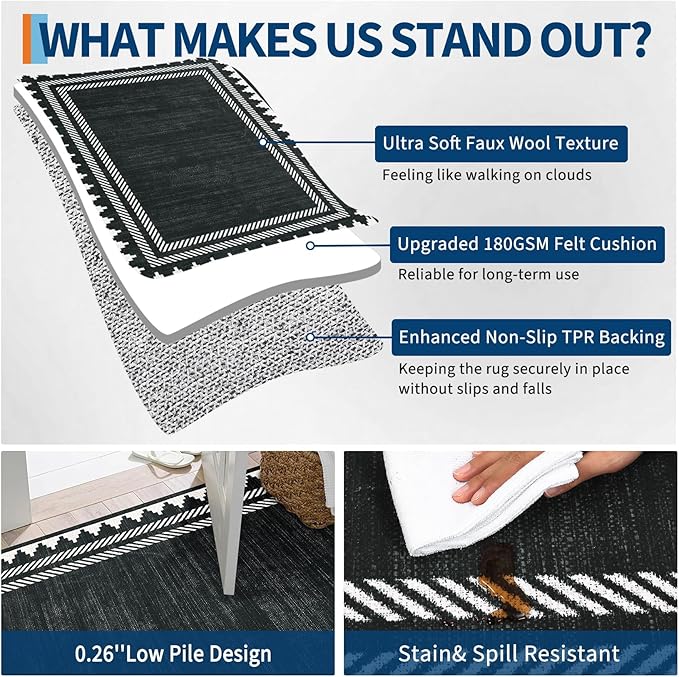 Modern Geometric Bordered 2×6 Non Slip Low Pile Runner Rugs for Kitchen Hallway Modern Stain Resistant Soft Indoor Carpet Foldable Machine Washable Non Shedding Bedroom Dining Room Rug, Black