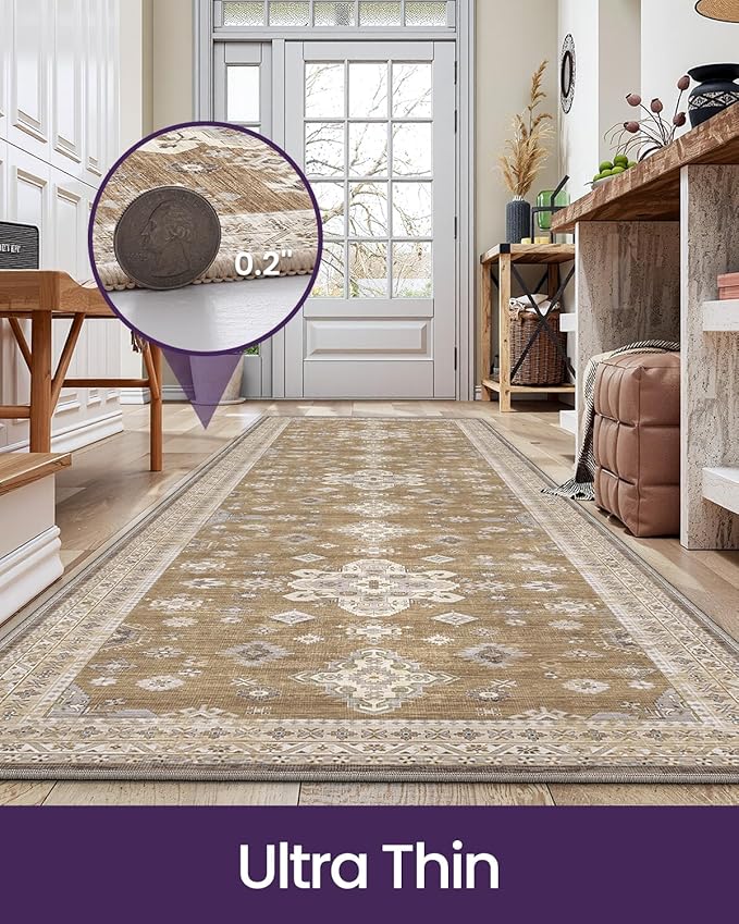 DEXI Hallway Runner Rug 3x7, Distressed Non Slip Runners Carpet, Boho Vintage Soft Thin Indoor Rug, Stain Resistant Washable Entry Mat for Entryway Kitchen Laundry Room Living Room, Light Brown