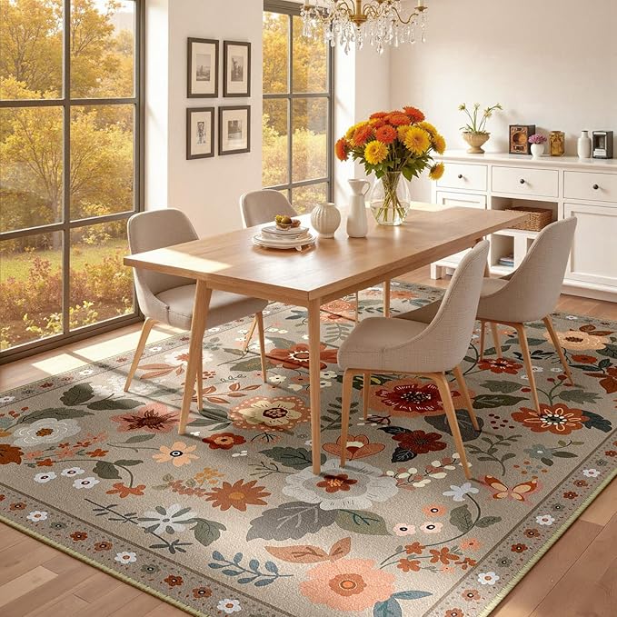 Floral 9x12 Area Rug Machine Washable Soft Print Boho Carpet Non Slip Doormat Low Pile Flower Area Rugs for Living Room Bedroom Nursery Kitchen Dining Room Indoor-Brown/Brick