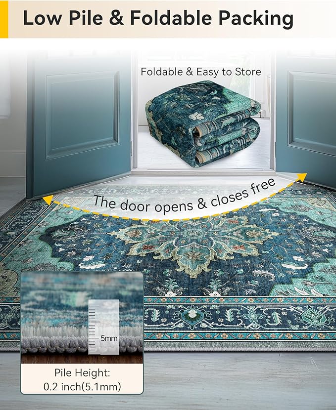 Area Rugs 2'6''x10' Washable Non-Slip, Floral Vintage Distress Print Pattern Medallion Carpet for Living Room Bedroom Dining Room, Teal Green Lake Blue Turquoise
