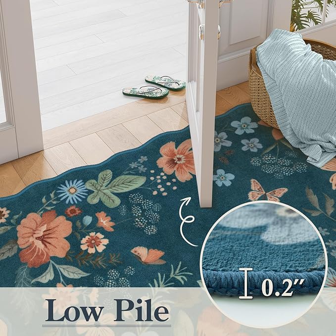 Lahome Floral Washable Runners for Hallways, 2x5 Kitchen Runner Rug Ultra-Thin, Non-Slip Stain Resistant Boho Low-Pile Carpet Runner for Bathroom Bedroom(2x5ft,Navy Blue)
