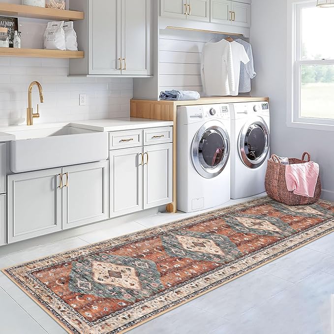 KOZYFLY Runners for Hallways 2.6x12 Ft Extra Long Washable Kitchen Boho Runner Rug for Entryway Indoor Rust/Orange/Blue Printed Faux Wool Stair Runner Floor Carpet Runner for Stair Kitchen Hall