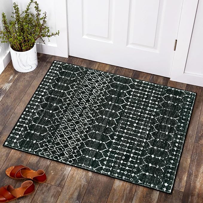 Lahome Moroccan Entry Rug 2x3, Non-Slip Washable Front Indoor Door Mat Rubber Backing Low-Profile Door Rugs, Small Geometric Print Distressed for Entryway Bathroom Kitchen, Black