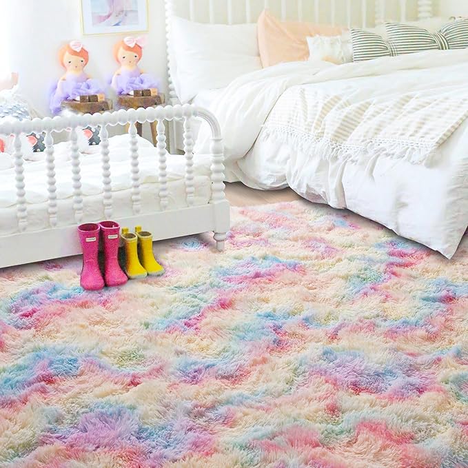Beglad Fluffy Area Rugs 4x6 Feet, Modern Minimalist Style Shag Rugs, Non-Slip Indoor Carpet Soft Rugs for Bedroom, Living Room & Kids Room, Rainbow