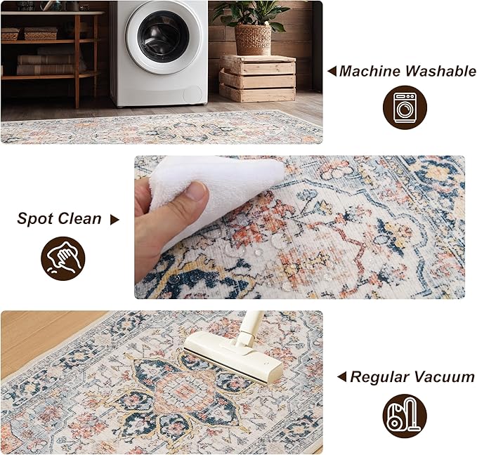 XWZO Runner Rug 2x10ft for Long Hallways, Washable Non-Slip Low Pile Area Rug with Rubber Backing, Spill Resistant Soft Vintage Floor Carpet for Kitchen Entryway Stair Landing Living Room, Colorful