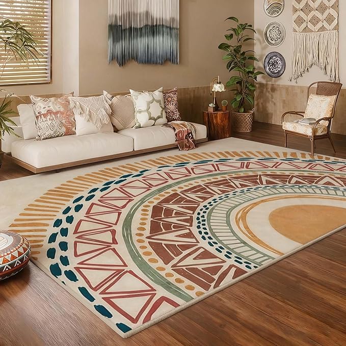 Colorful Geometric Sun Rug, Sun Pattern Rug, Geometric Area Rugs, Colorful Abstract Rugs, Washable Boho Carpet for Living Room, Bedroom, Dining Room, Office (9' x 15'(Rectangular))