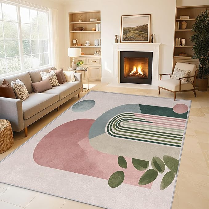 Mid Century Modern Rugs for Home Decor, 4x6 ft, Boho Abstract Geometry Area Rugs for Living Room, Soft Non Slip Washable Minimalist Arched Carpet Bedroom Decorations Dt-Ghf-19