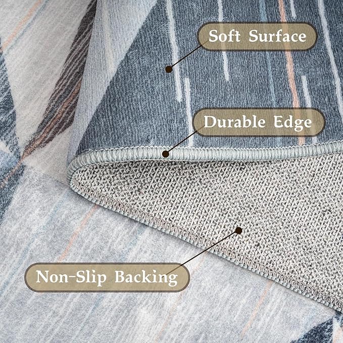 HOMFINE Washable Modern Area Rug - Geometric Style 5x7 Rugs for Living Room, Bedroom, Machine Washable Rug Soft Non Slip Non Shedding Area Rug - Blue, 5'x7'