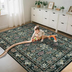 6x9 Black and Green Floral Area Rug for Living Room, Washable Non Slip Rugs for Bedroom Non Slip, Low Pile Large Indoor Accent Carpet for Office, Dining Room, Farmhouse