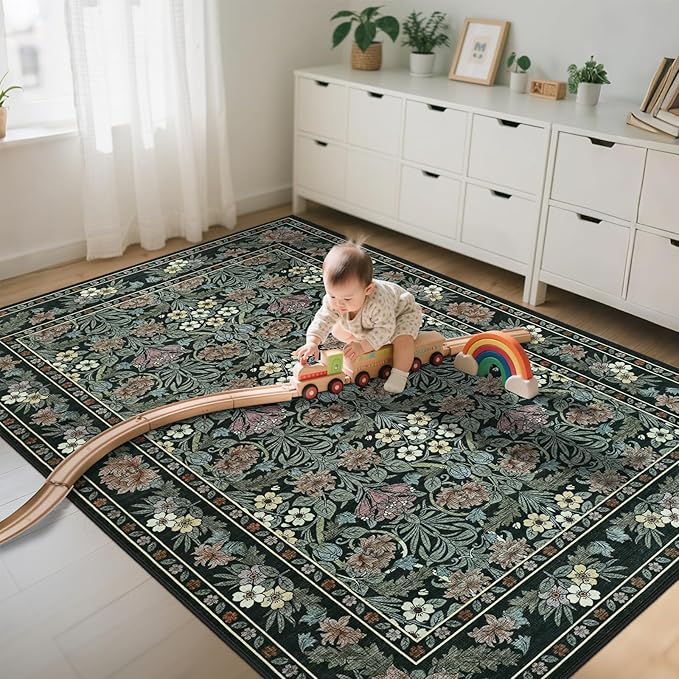 6x9 Black and Green Floral Area Rug for Living Room, Washable Non Slip Rugs for Bedroom Non Slip, Low Pile Large Indoor Accent Carpet for Office, Dining Room, Farmhouse