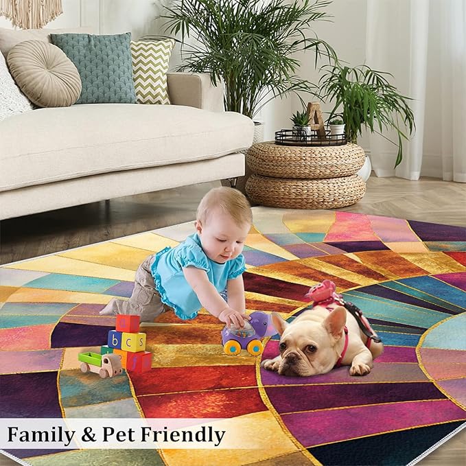 Chromatic Geometric Area Rugs 5x7ft, Abstraction Deco Rugs for Living Room, Mosaic Sunburst Floor Rug Sturdy and Non-Shedding for Bedroom Hardwood Floors Teen Room