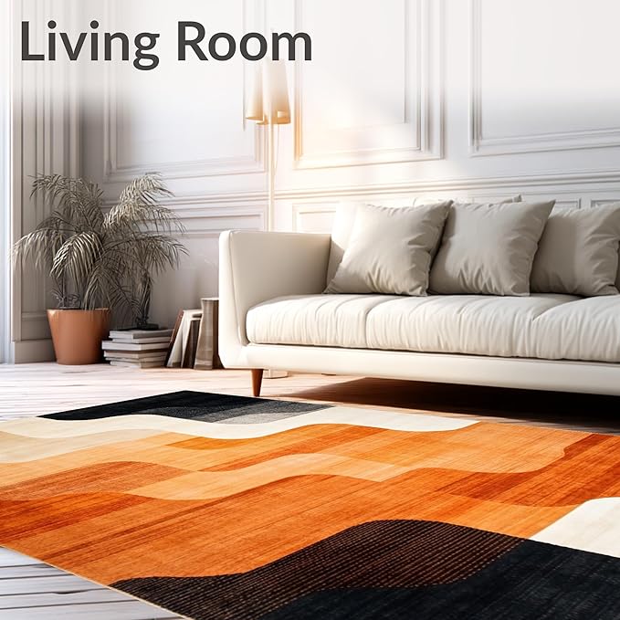 Flatwoven High Traffic Area Rug 4x6, Copper Black Burnt Orange Abstract Indoor Floor, Non Slip, Stain Resistant, Washable Area Rugs for Living Room, Bedroom (Beige, 4x6)